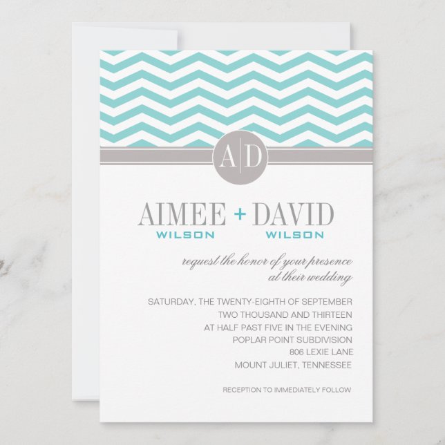Aimee Chic Chevron Monogram | teal Wedding Invitation (Front)