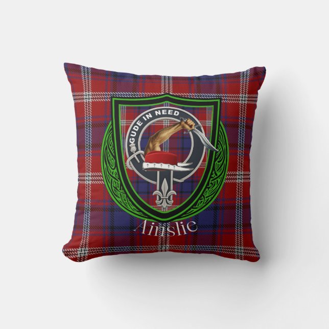 Ainslie Scottish Clan Tartan & Crest Cushion (Front)