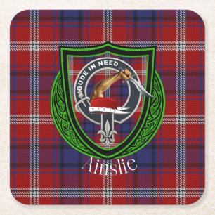 Ainslie Scottish Clan Tartan & Crest Square Paper Coaster