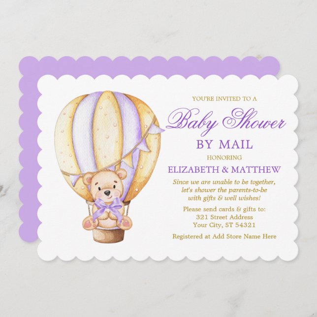 Air Balloon Bear Purple Gold Baby Shower by Mail Invitation (Front/Back)
