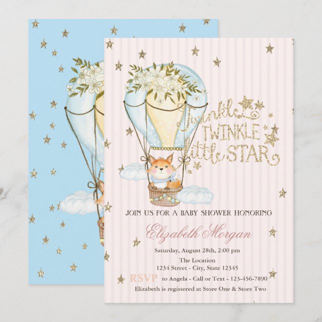 Air Balloon,Fox,Glitter Stars Striped Baby Shower Invitation (Front/Back)