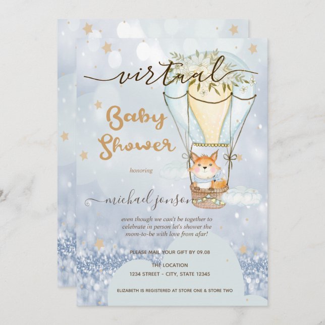 Air Balloon Fox Stars Bokeh Virtual Baby Shower Invitation (Front/Back)