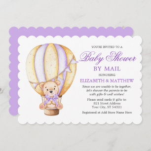 Air Balloon Teddy Bear Purple Baby Shower by Mail Invitation
