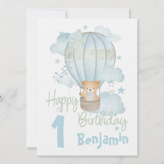 Air Balloon with Teddy blue Birthday postcard
