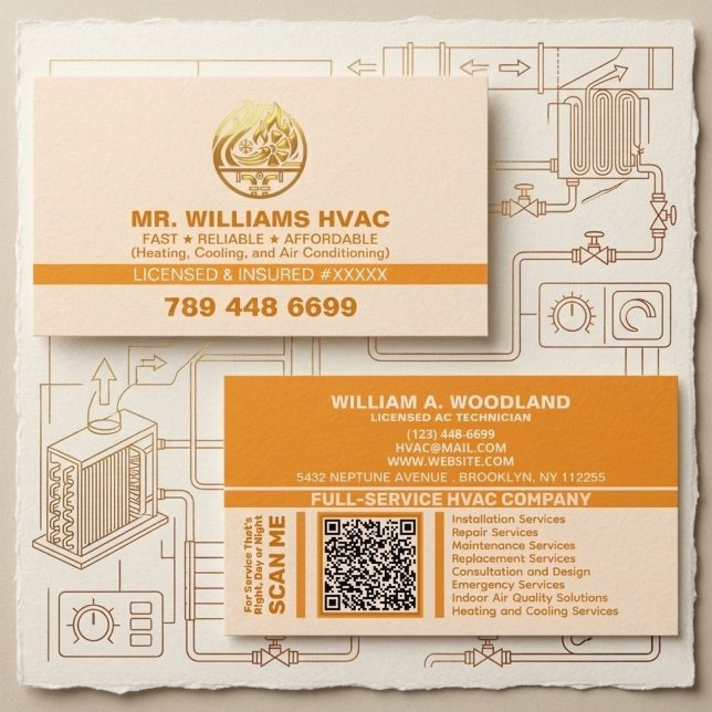 Air Conditioning Heating and Cooling | Orange HVAC Business Card (air conditioning technician cards, heating and cooling business cards, HVAC marketing materials, pro)