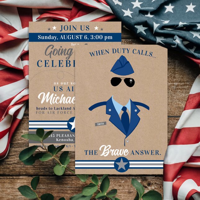 Air Force Going Away Party NAVY BLUE GRAY Military Invitation (Navy Blue Rustic Kraft Air Force Airman Going Away Party Invitation, Military Farewell Celebration)