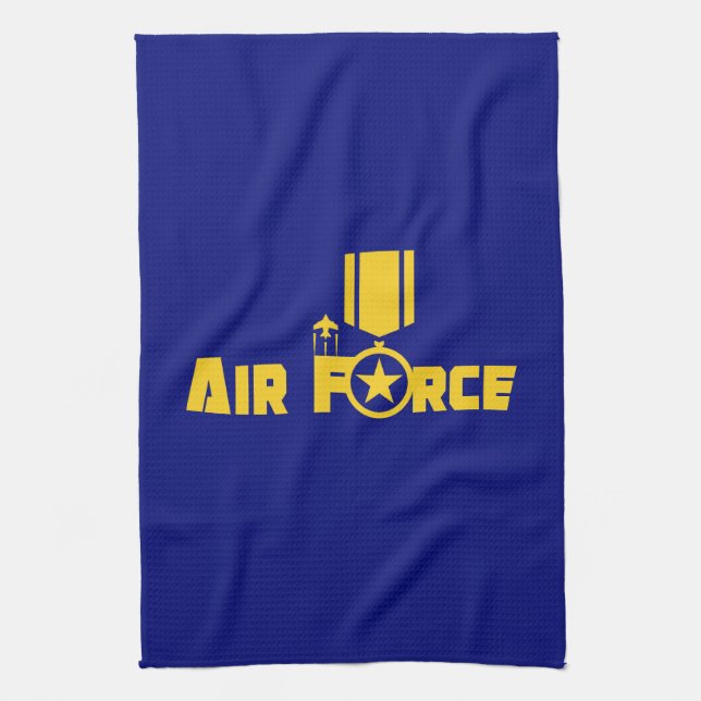 Air Force Military Star Medal Aircraft Blue Gold Tea Towel (Vertical)