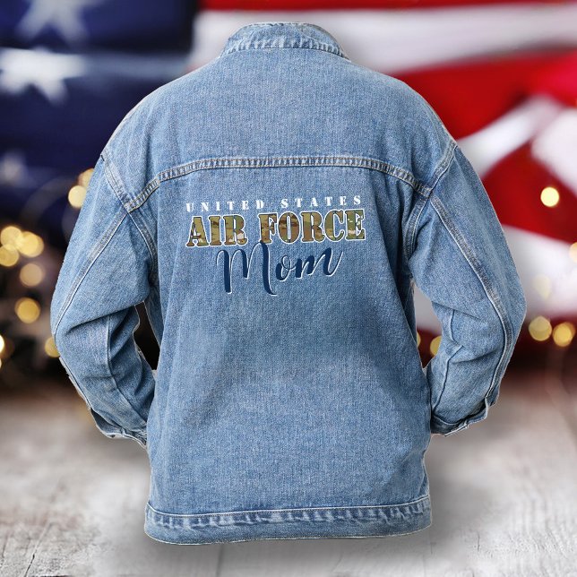 Air Force Mum Gift I Military Camouflage I USAF  Denim Jacket (women's patriotic military Air Force proud Mom  camouflage trendy denim jacket gift for graduation)