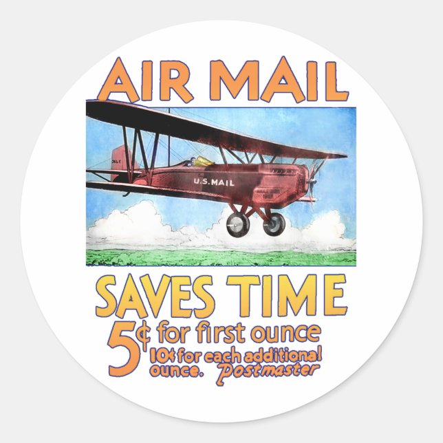 Air Mail Saves Time Classic Round Sticker (Front)