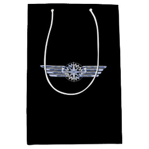 Air Pilot Chrome Like Wings Compass on Black Medium Gift Bag