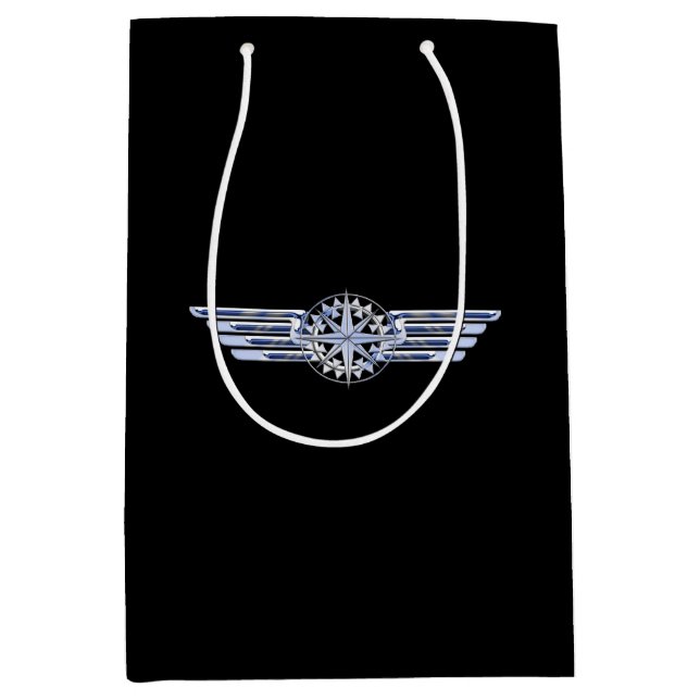 Air Pilot Chrome Like Wings Compass on Black Medium Gift Bag (Front)