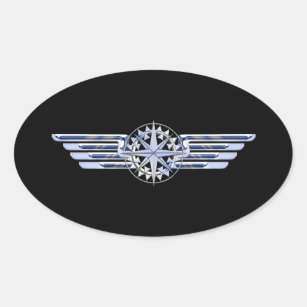Air Pilot Chrome Like Wings Compass on Black Oval Sticker