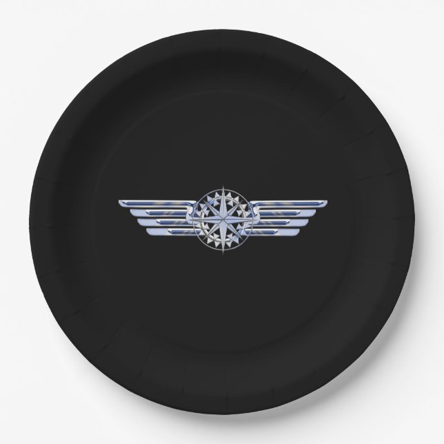 Air Pilot Chrome Like Wings Compass on Black Paper Plate (Front)