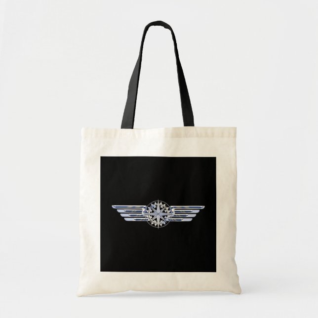 Air Pilot Chrome Like Wings Compass on Black Tote Bag (Front)