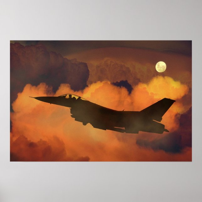 Air Plane Fighter F-16 Night Sky Moon Clouds Poster (Front)