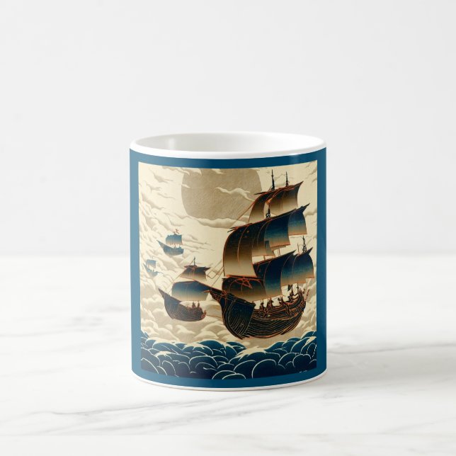 Air Ships Sailing Above Clouds - Woodcut 2 Coffee Mug (Center)