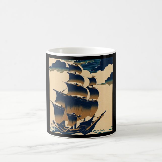 Air Ships Sailing Above Clouds - Woodcut 3 Coffee Mug (Center)