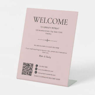 Airbnb Welcome Vacation House Rental QR Code Pink Pedestal Sign
