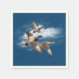 Airborne Mallard Ducks On Blue Napkin