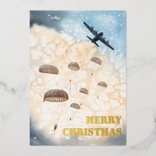 Airborne Paratroopers Jump Christmas Foil Holiday Card
