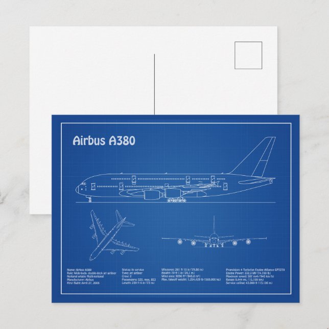 Airbus a380 - Aeroplane Blueprint Drawing Plans AD Postcard (Front/Back)