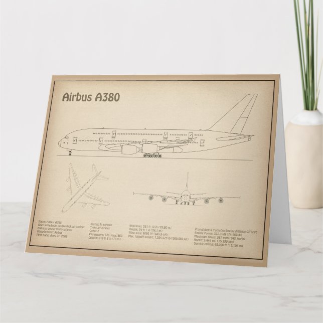 Airbus a380 - Aeroplane Blueprint Drawing Plans SD Thank You Card (Front)