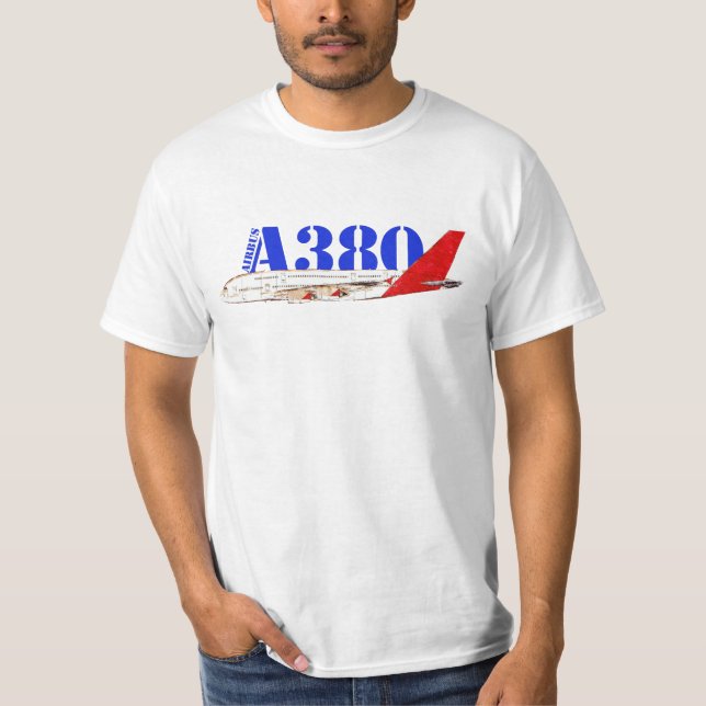 Airbus A380 Illustration with Bold Red Tail Design T-Shirt (Front)