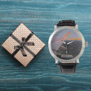 aircarft wing photo of sunrise,personalised watch