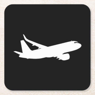 Aircraft Jet Liner Silhouette Flying Black Decor Square Paper Coaster