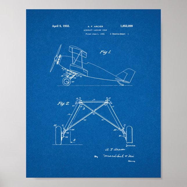 Aircraft Landing Gear Patent - Blueprint Poster (Front)