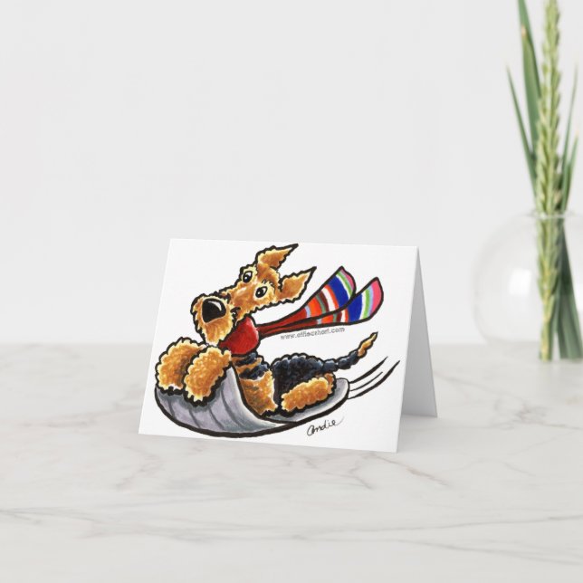 Aire-Sledding Airedale Terrier Holiday Card (Front)