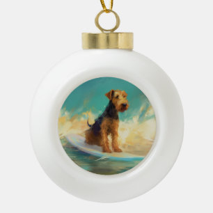 Airedale Beach Surfing Painting  Ceramic Ball Christmas Ornament