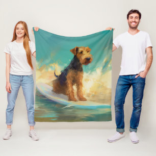 Airedale Beach Surfing Painting  Fleece Blanket