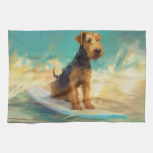 Airedale Beach Surfing Painting  Tea Towel