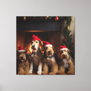 Airedale by the Fireplace Christmas Canvas Print