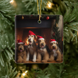 Airedale by the Fireplace Christmas Ceramic Ornament