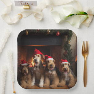 Airedale by the Fireplace Christmas  Paper Plate