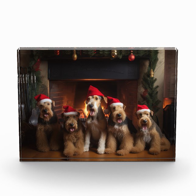 Airedale by the Fireplace Christmas  Photo Block (Front)