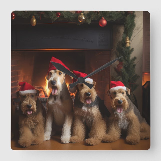 Airedale by the Fireplace Christmas  Square Wall Clock (Front)