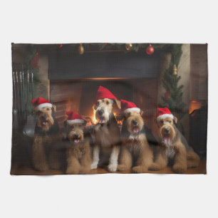 Airedale by the Fireplace Christmas  Tea Towel
