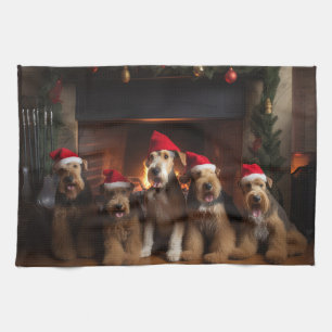 Airedale by the Fireplace Christmas Tea Towel