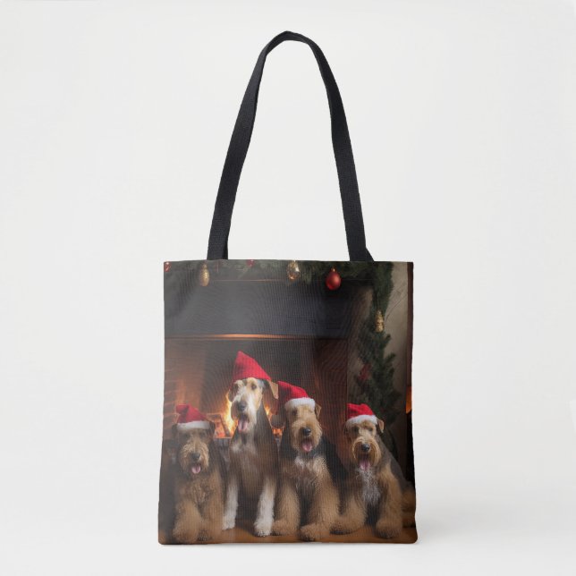 Airedale by the Fireplace Christmas  Tote Bag (Front)