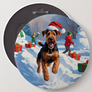 Airedale Christmas Festive Snow Scene 6 Cm Round Badge