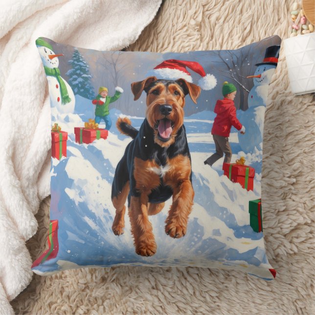 Airedale Christmas Festive Snow Scene Cushion (Blanket)