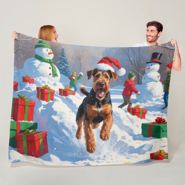 Airedale Christmas Festive Snow Scene Fleece Blanket (In Situ)