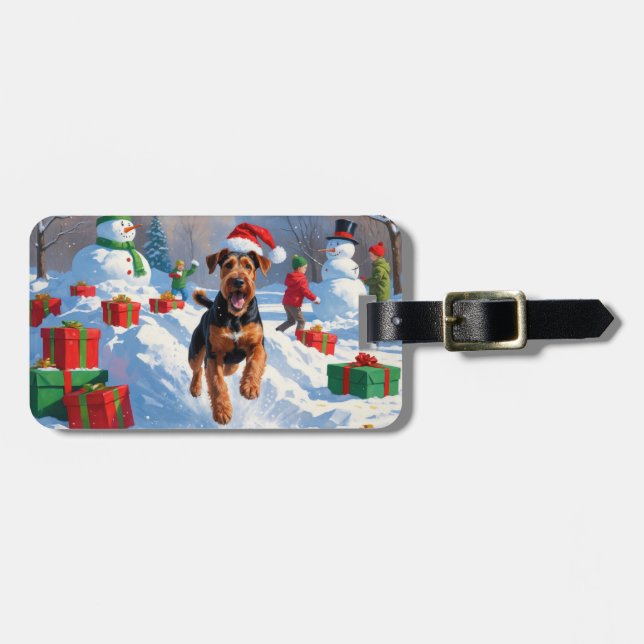 Airedale Christmas Festive Snow Scene Luggage Tag (Front Horizontal)