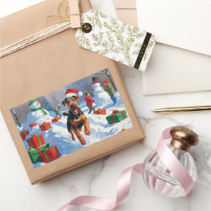 Airedale Christmas Festive Snow Scene Rectangular Sticker