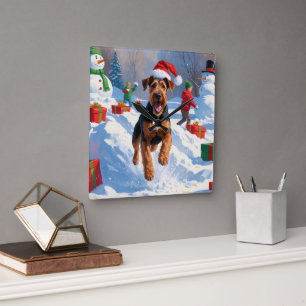 Airedale Christmas Festive Snow Scene Square Wall Clock