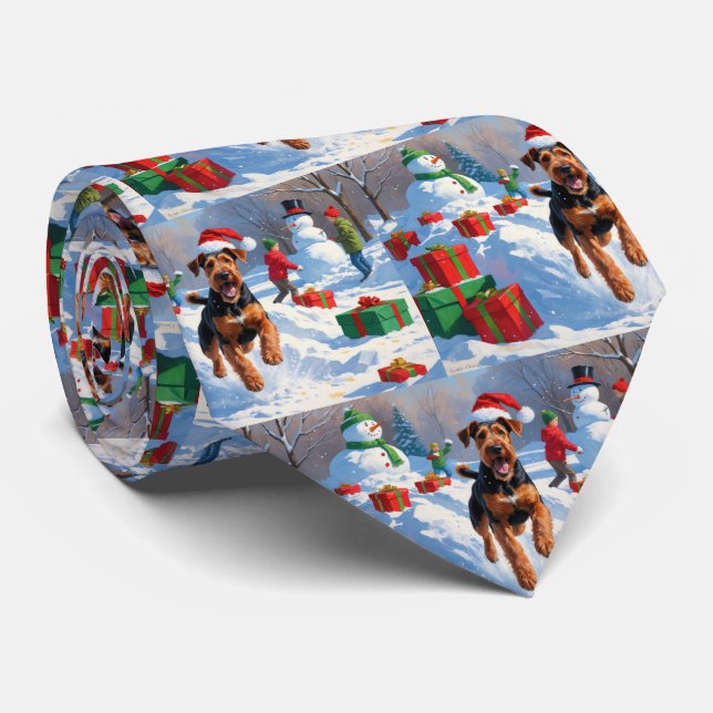 Airedale Christmas Festive Snow Scene Tie (Rolled)