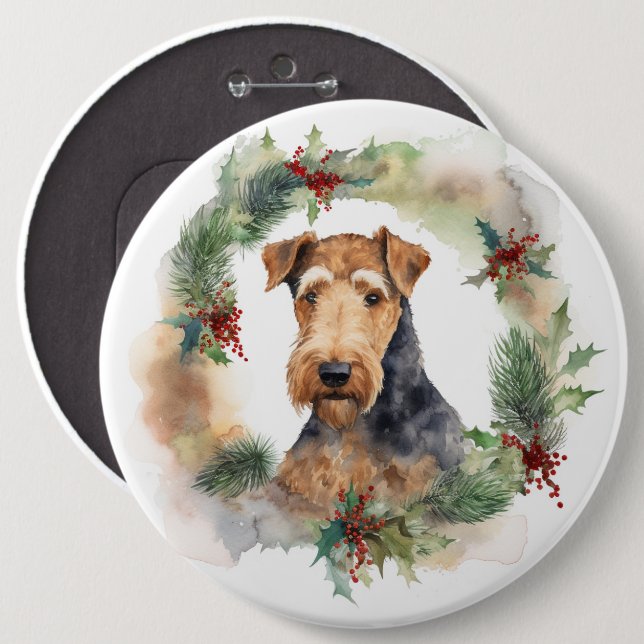 Airedale Christmas Wreath Festive Pup  6 Cm Round Badge (Front & Back)
